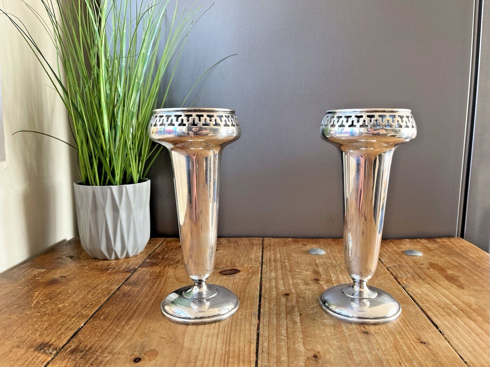 Pair Of Art Deco Walker & Hall Silver Plated Geometric Mantel Flower Vases Urns photo for sale