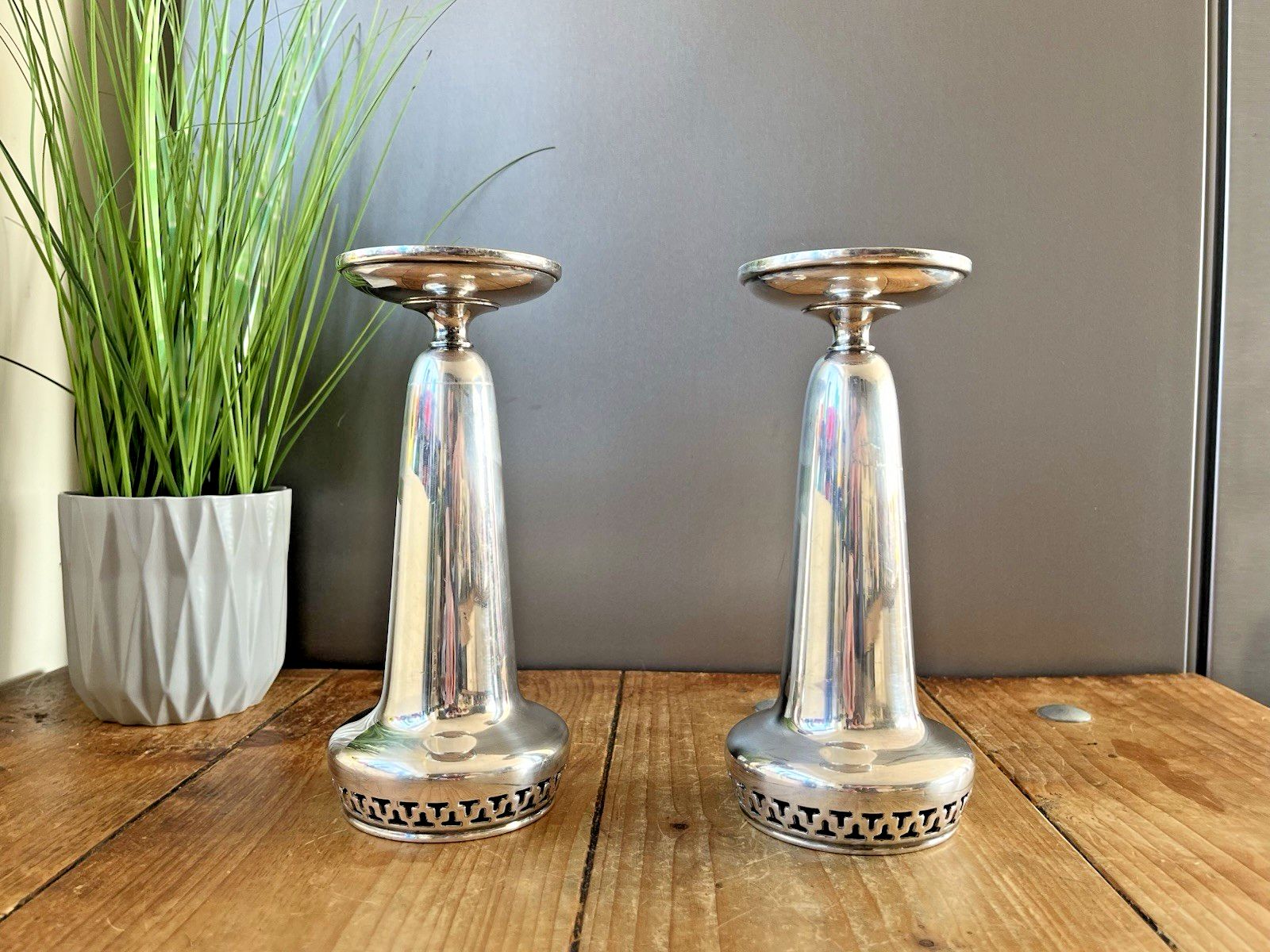 Pair Of Art Deco Walker & Hall Silver Plated Geometric Mantel Flower Vases Urns photo buy