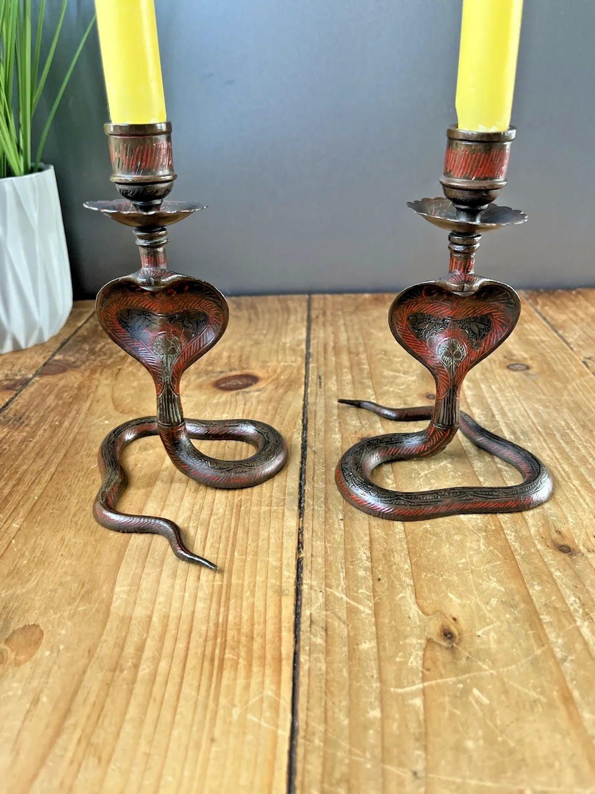 Pair Of Vintage Indian Brass Enamel Paint Cobra Snake Candlesticks Candle Holder photo for sale