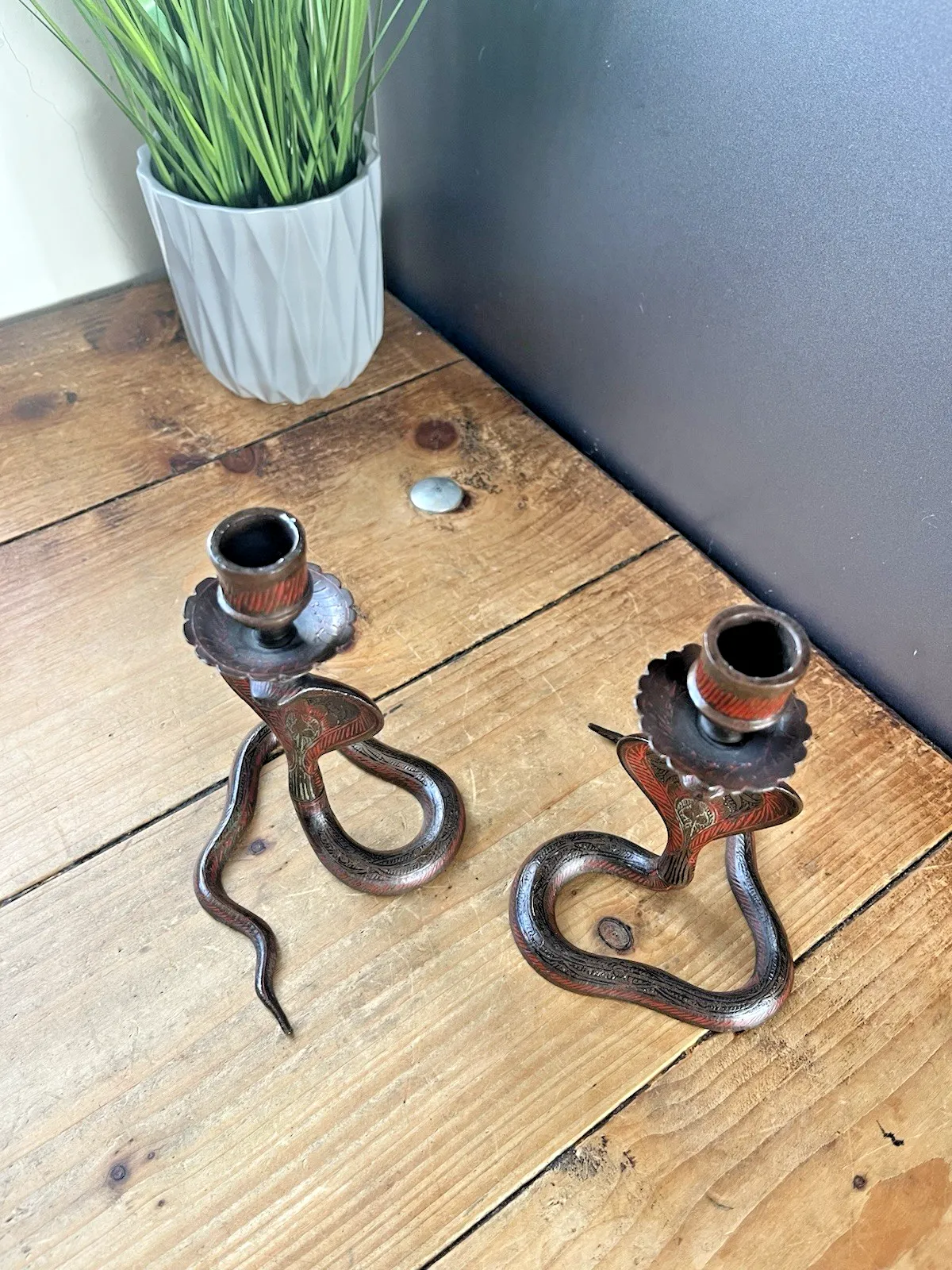 photo for sale Pair Of Vintage Indian Brass Enamel Paint Cobra Snake Candlesticks Candle Holder