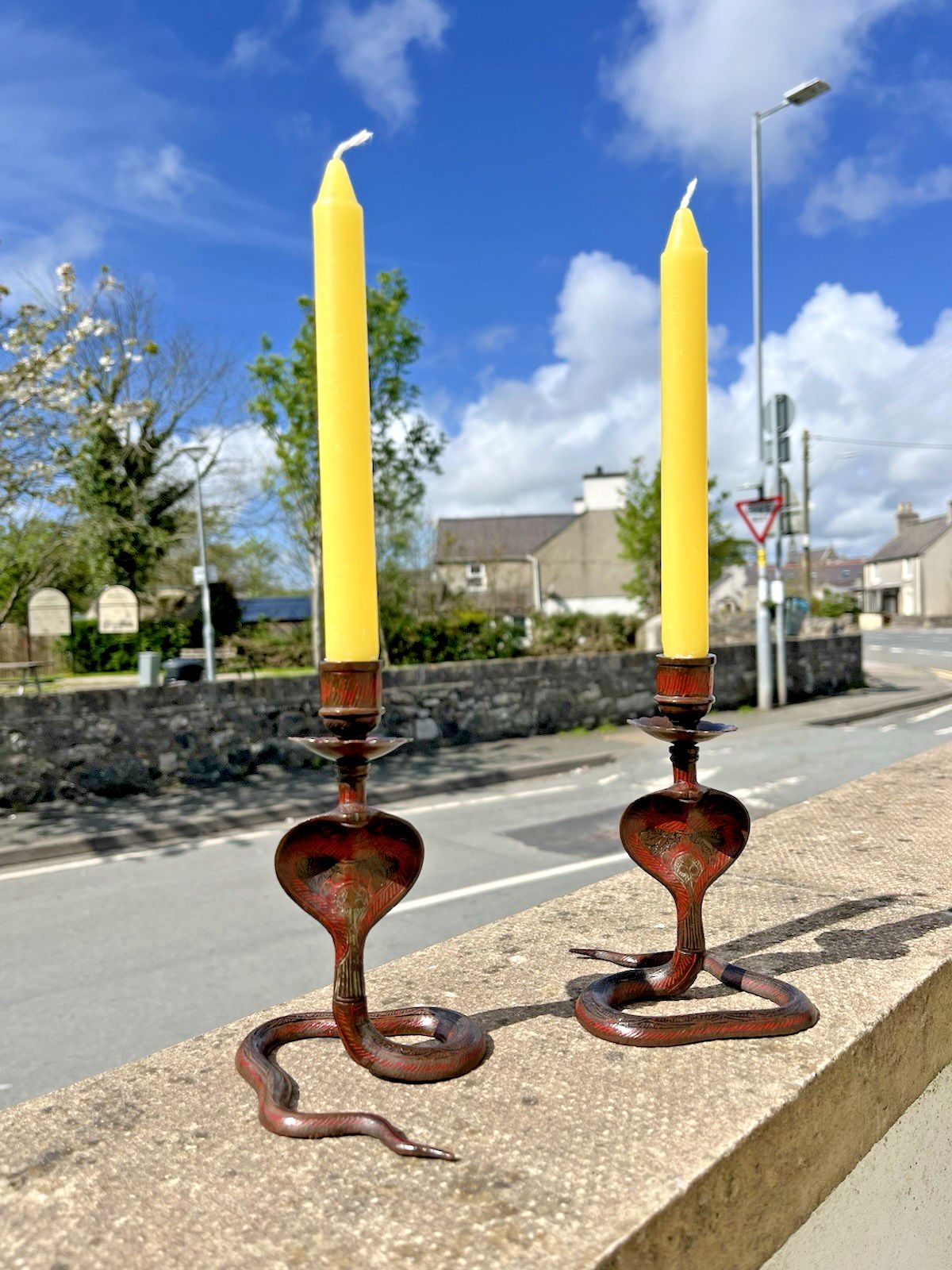 65.0 Pair Of Vintage Indian Brass Enamel Paint Cobra Snake Candlesticks Candle Holder photo