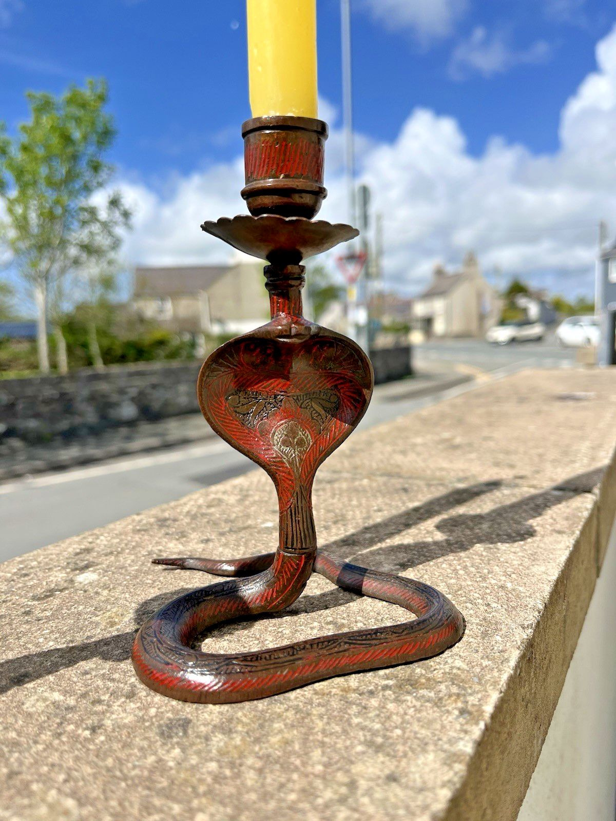 photo buy Pair Of Vintage Indian Brass Enamel Paint Cobra Snake Candlesticks Candle Holder