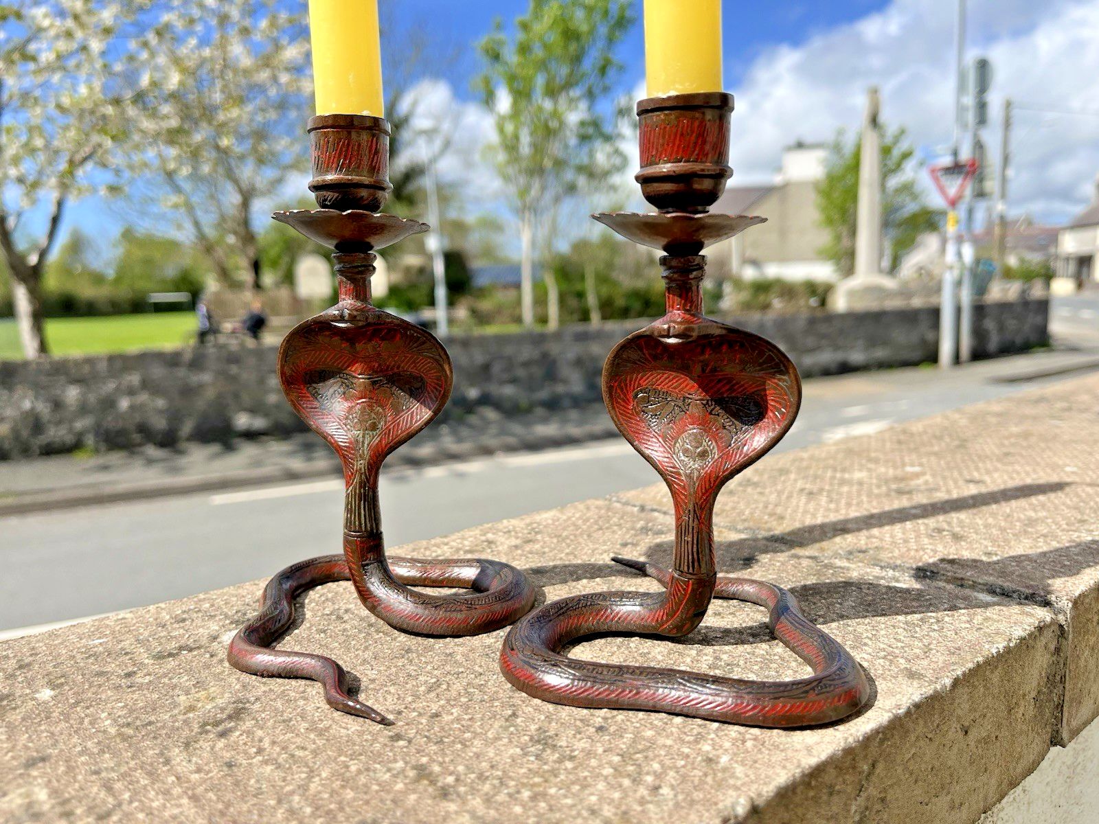 photo vintage Pair Of Vintage Indian Brass Enamel Paint Cobra Snake Candlesticks Candle Holder