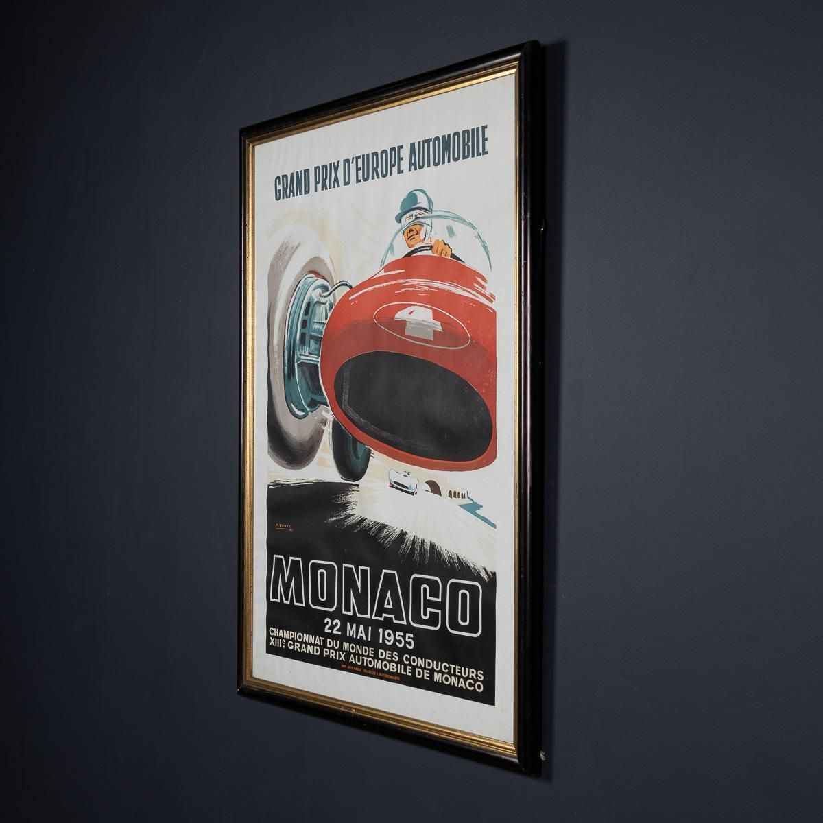 Vintage 20th Century Framed 1955 Monaco Grand Prix Poster By Jean Ramel C.1985 photo for sale