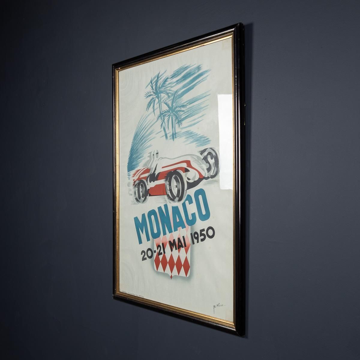 Vintage 20thc Framed 1950 Monaco Grand Prix Poster By Bernard Minne C.1983 photo for sale