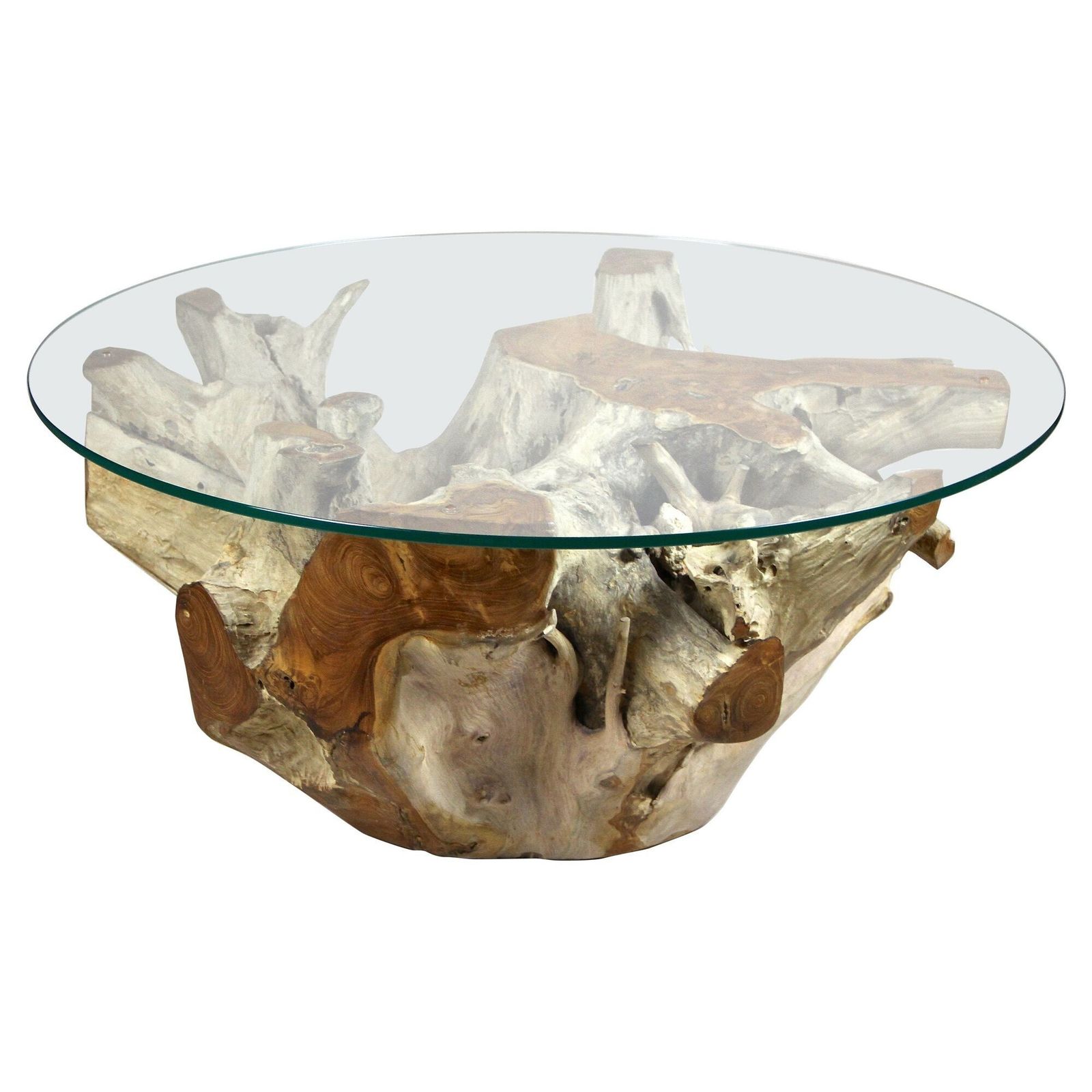 21st Century Round Teak Root Coffee Table With Glass, Organic Modern, 2024