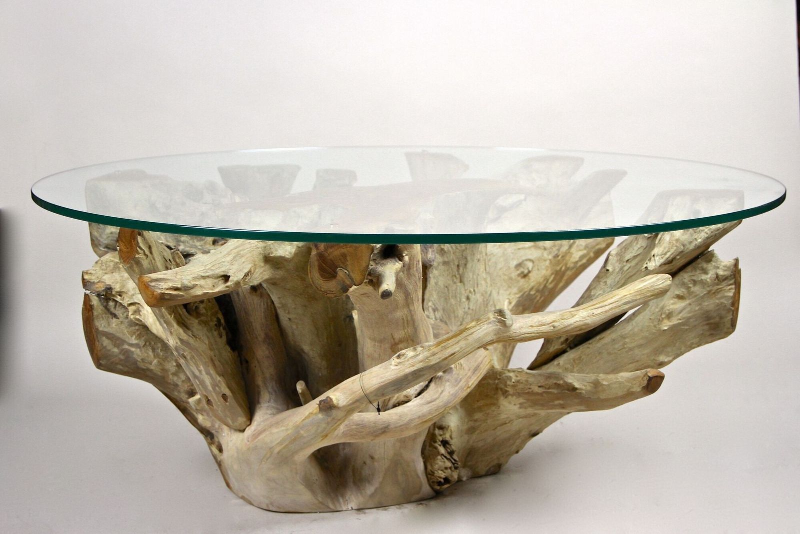 21st Century Round Teak Root Coffee Table With Glass, Organic Modern, 2024 photo 2720.0