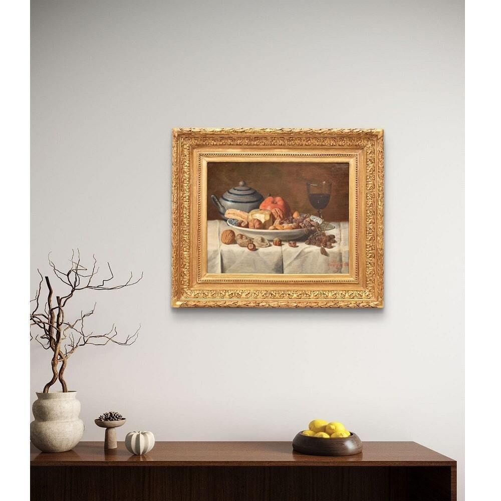Still Life Oil Painting, Still Life With Fruit And Cheese, Oil On Canvas, Antique Painting, XIX Century. photo furniture