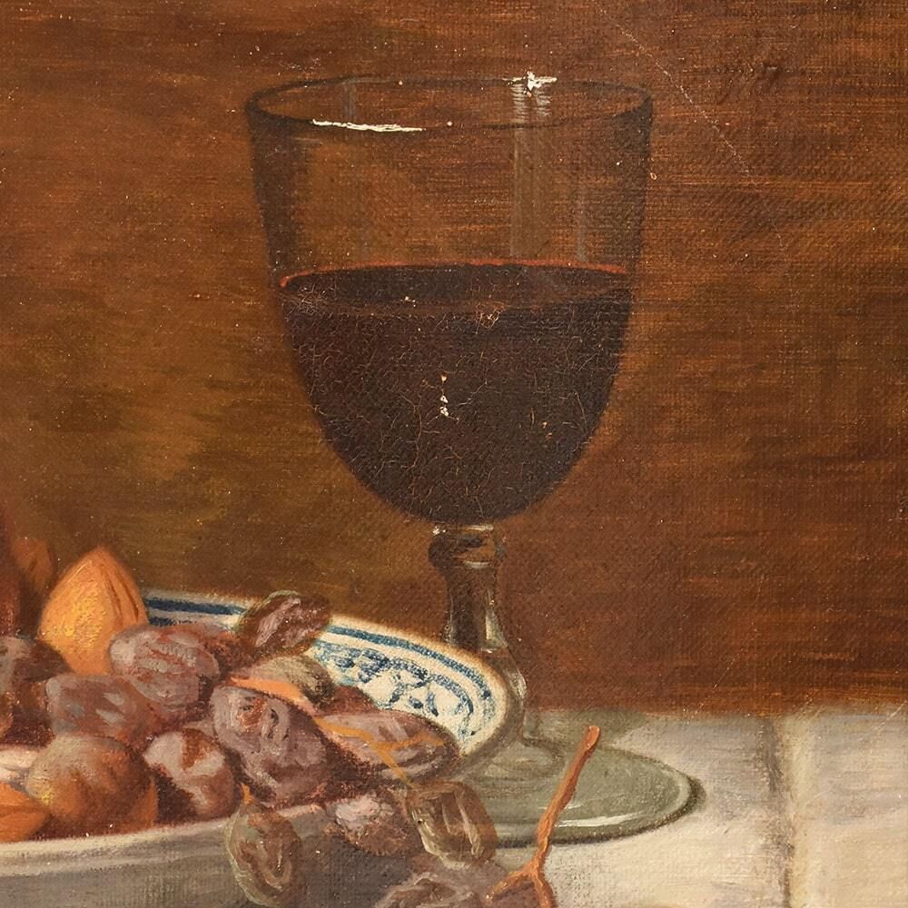 Still Life Oil Painting, Still Life With Fruit And Cheese, Oil On Canvas, Antique Painting, XIX Century. photo vintage