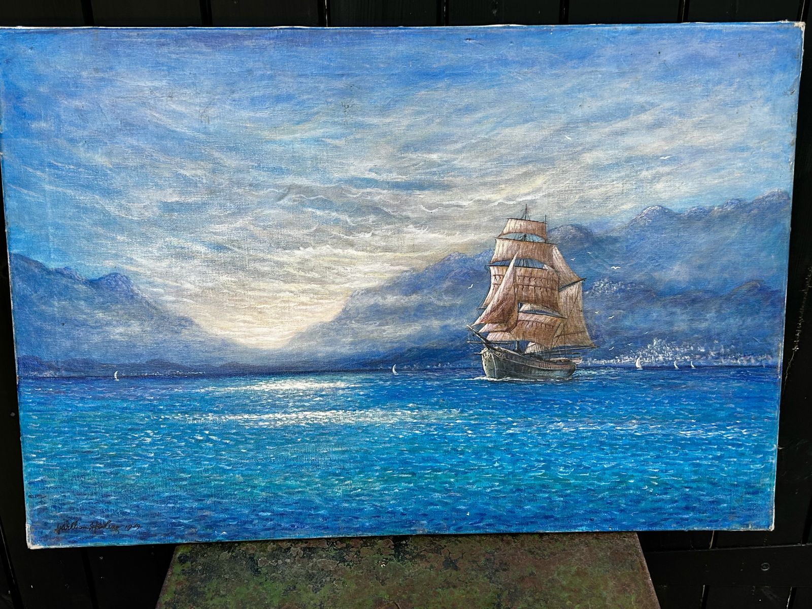 Mid Century's Oil On Canvas   'A Ship Called Romance', Signed By Artist photo 245.0