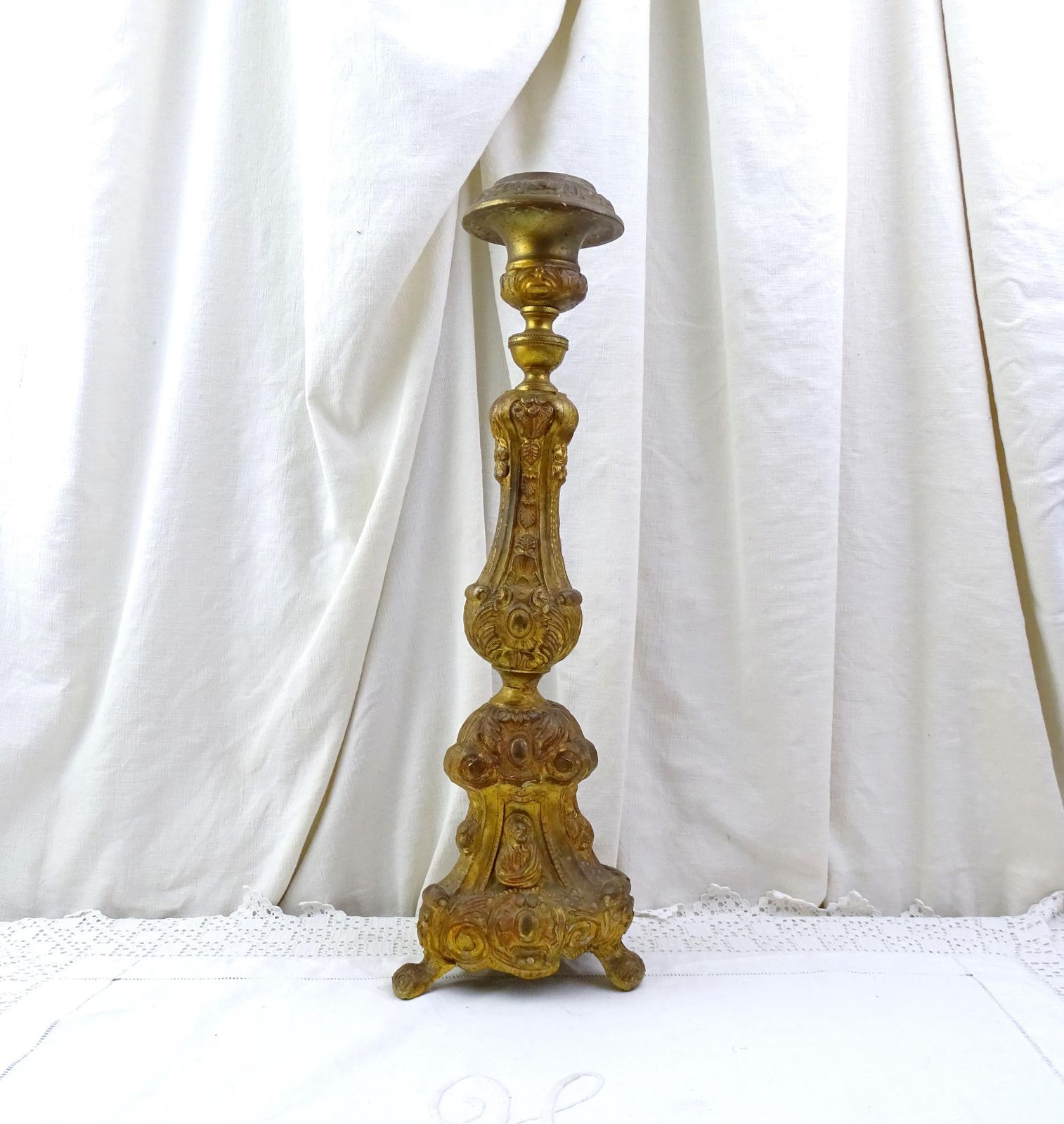 Large Tall Antique French 18th Century Church Liturgical Candle Holder Gilded Pressed Brass Metal, Vintage Catholic Religious Candlestick photo furniture
