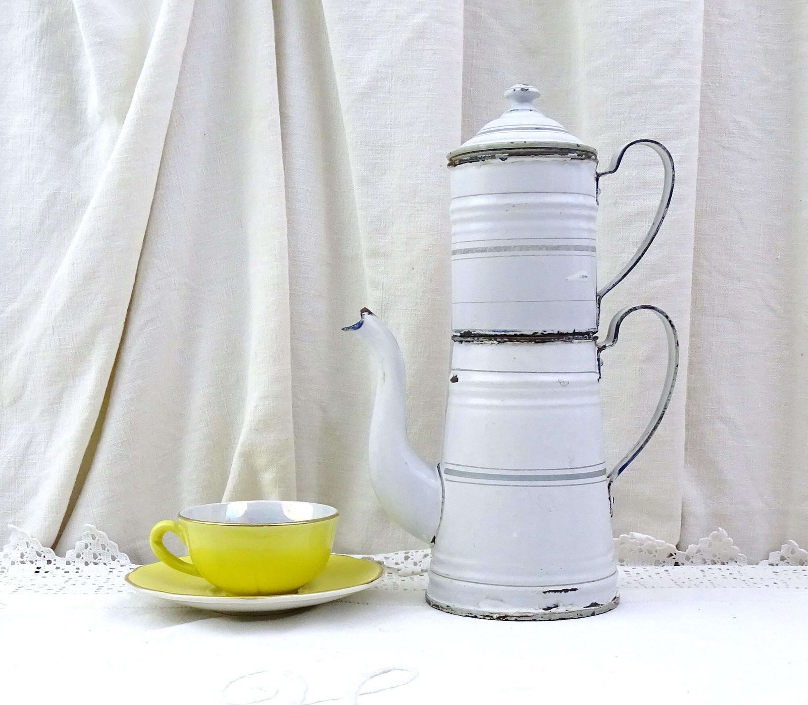 Small Antique French White Enamelware Complete Coffee Pot, 19th Century Early Enamel Pour Over Coffee Maker From France, Farmhouse Decor