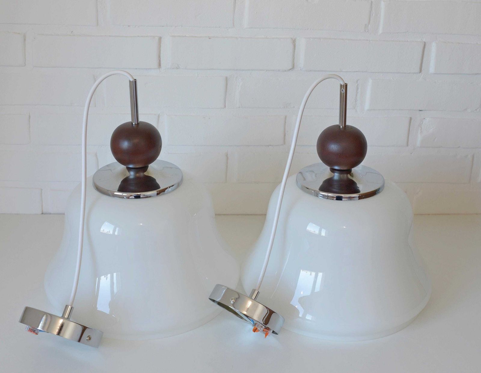 1 Of 2 Vintage White Pendant Light / Mcm Hanging Lamps / Bell Shape Opaline Glass Light Fixture / Yugoslavia 1970 Lighting / Ceiling Light photo vinterior