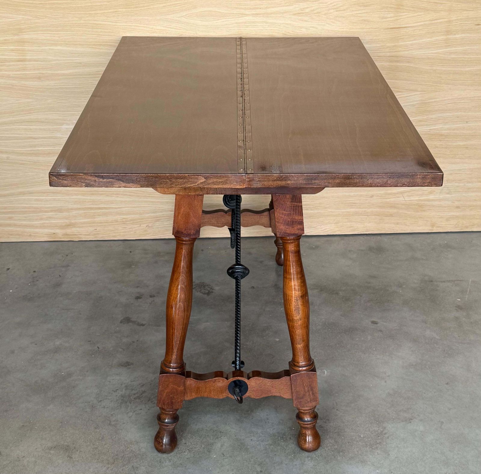 photo vintage 20th Century Spanish Console Fold Out Farm Table With Wood Stretcher