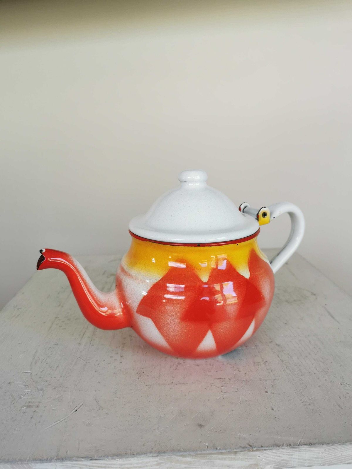 photo for sale Vintage Enamel Teapot By Emo Celje / 1970s Yugoslavia / Vibrant Orange And Yellow Mid Century Slavic Metal Tea Kettle With A Lid