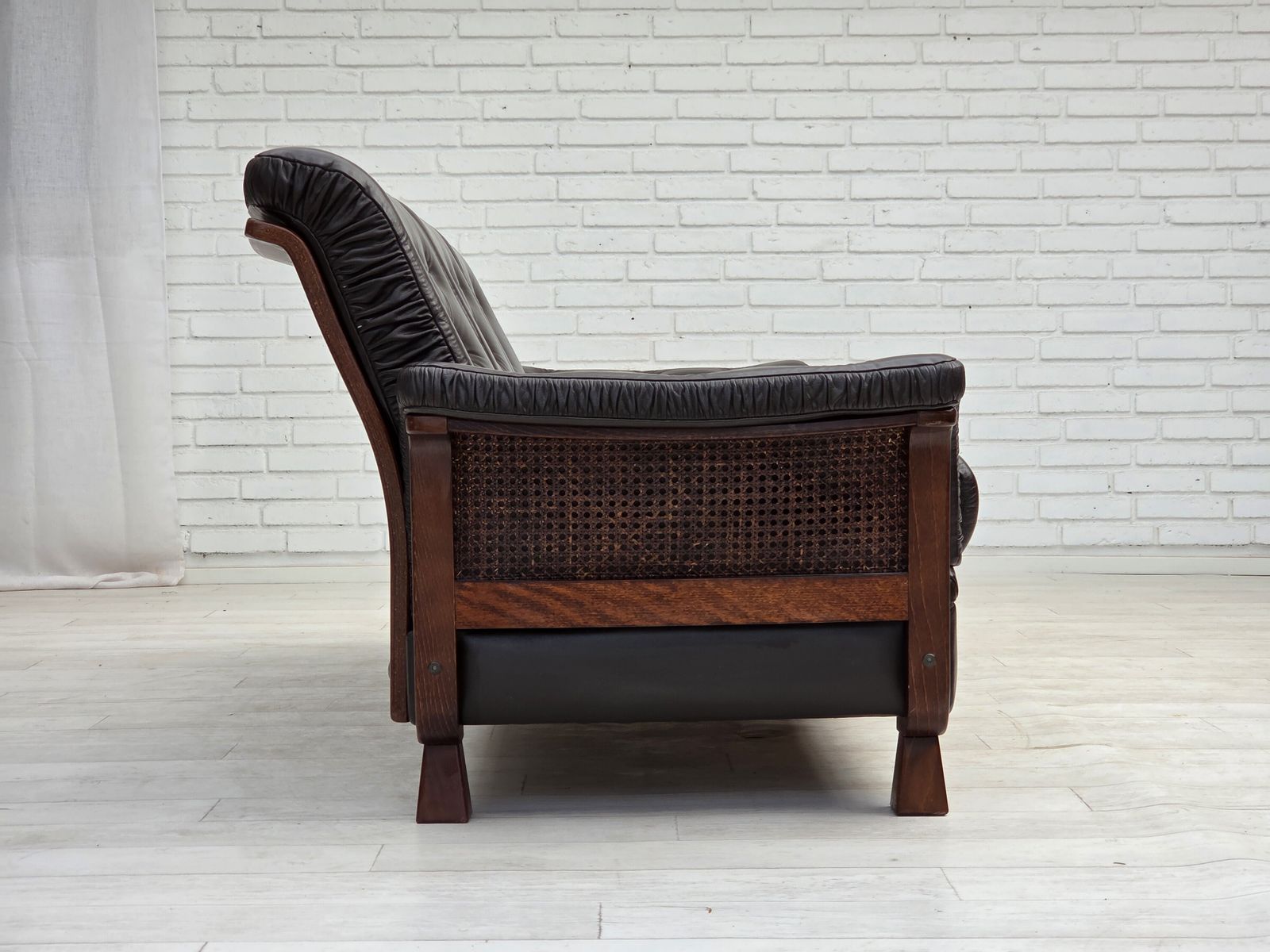 1750.0 1970s, Scandinavian 3 Seater Sofa, Furniture Leather, Teak Wood Legs, Bent Wood. photo