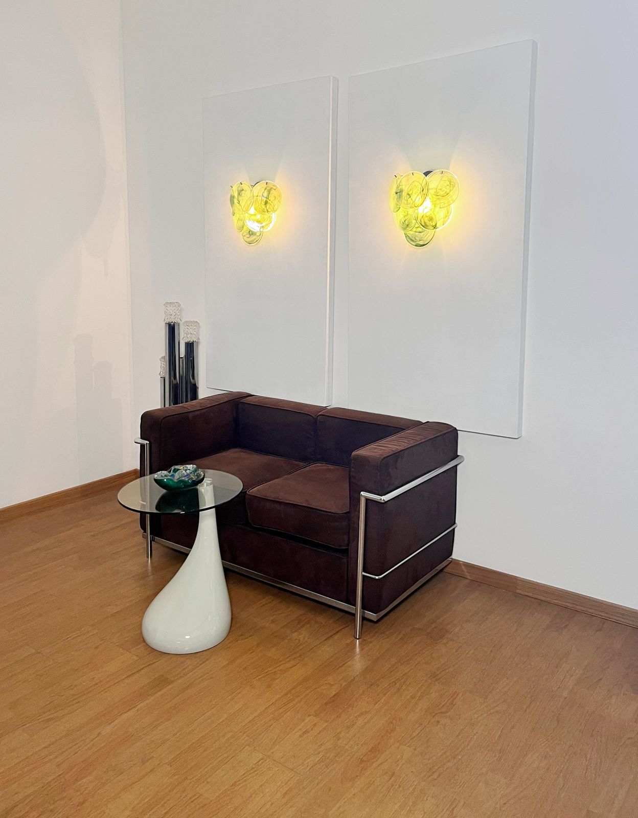 photo for sale Pair Of Glass Wall Sconces   6 Alabaster Green Disks