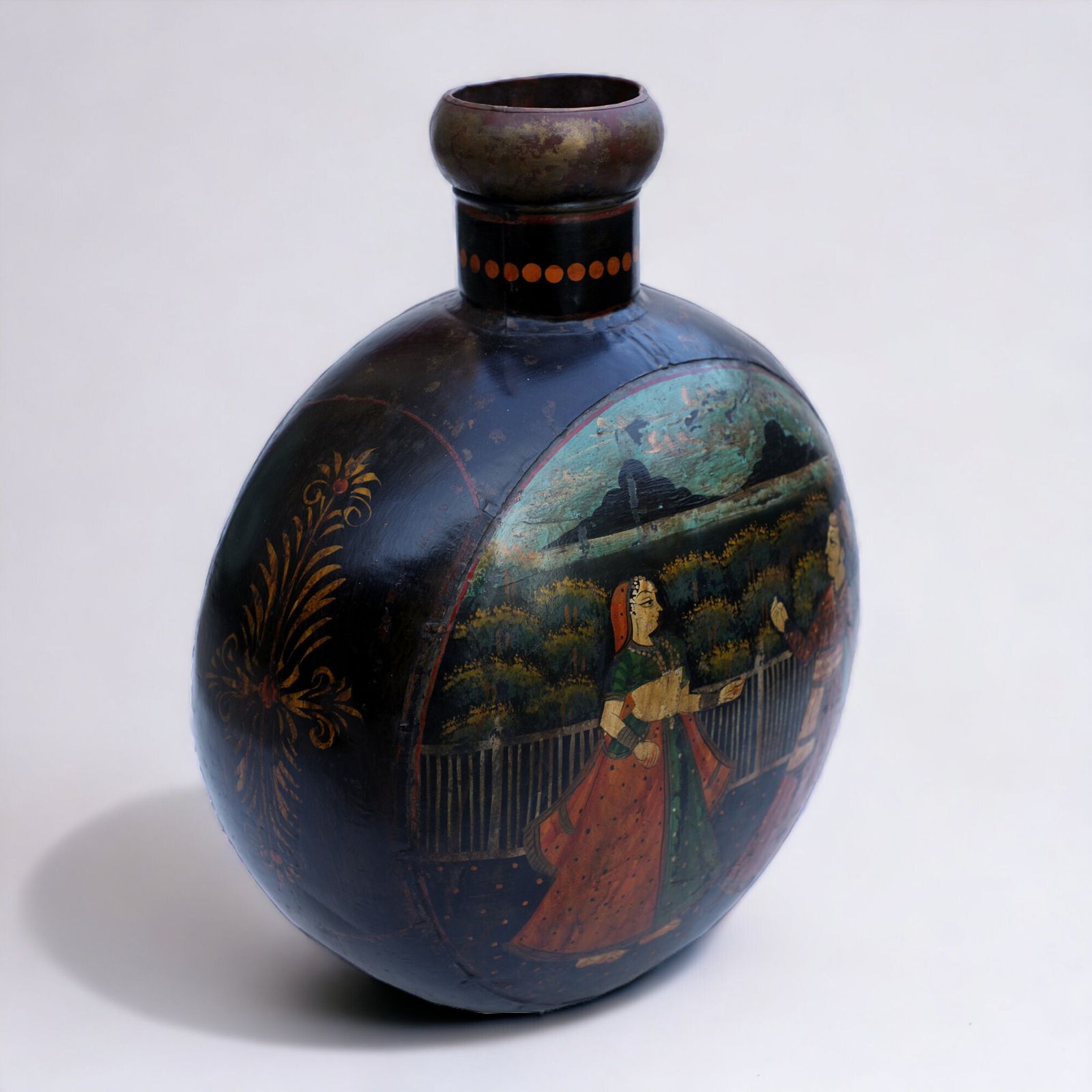 Antique 17th Century Indian Hand Painted Iron Water Vessel – Mughal Era Art With Jodha Akbar Scene photo for sale