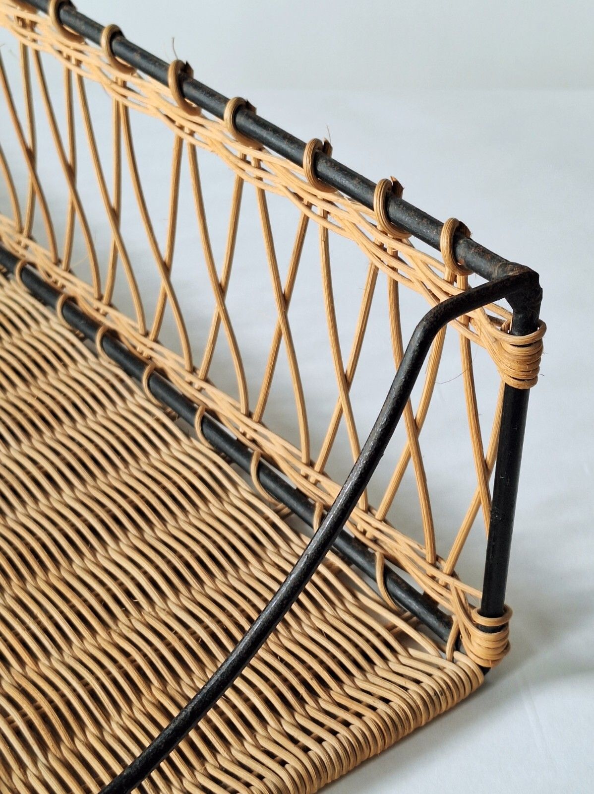 Mid Century French Wicker & Iron Shelf, Attd To Raoul Guy photo Furniture