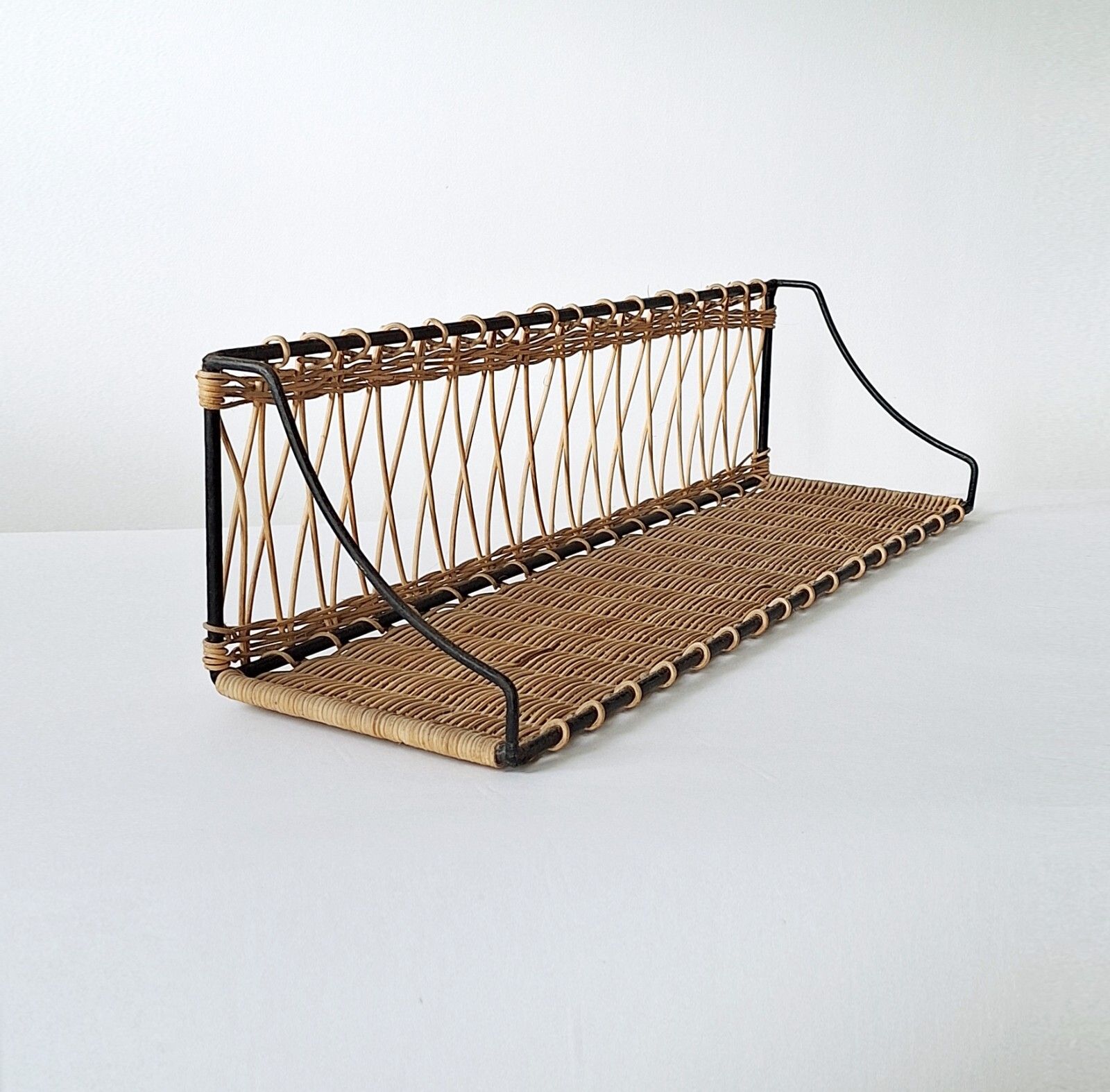 photo vinterior Mid Century French Wicker & Iron Shelf, Attd To Raoul Guy
