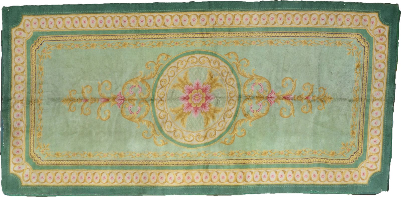 Vintage Spanish Carpet – Deep Green With Cream & Gold Medallion, Large Handwoven Rug 639x295cm photo vinterior