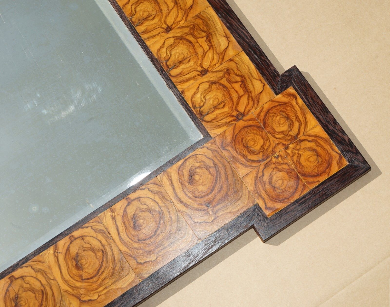Exquisite Bevelled Edge Oyster Laburnum Wood Wall Mirror Sublime Patina photo for sale