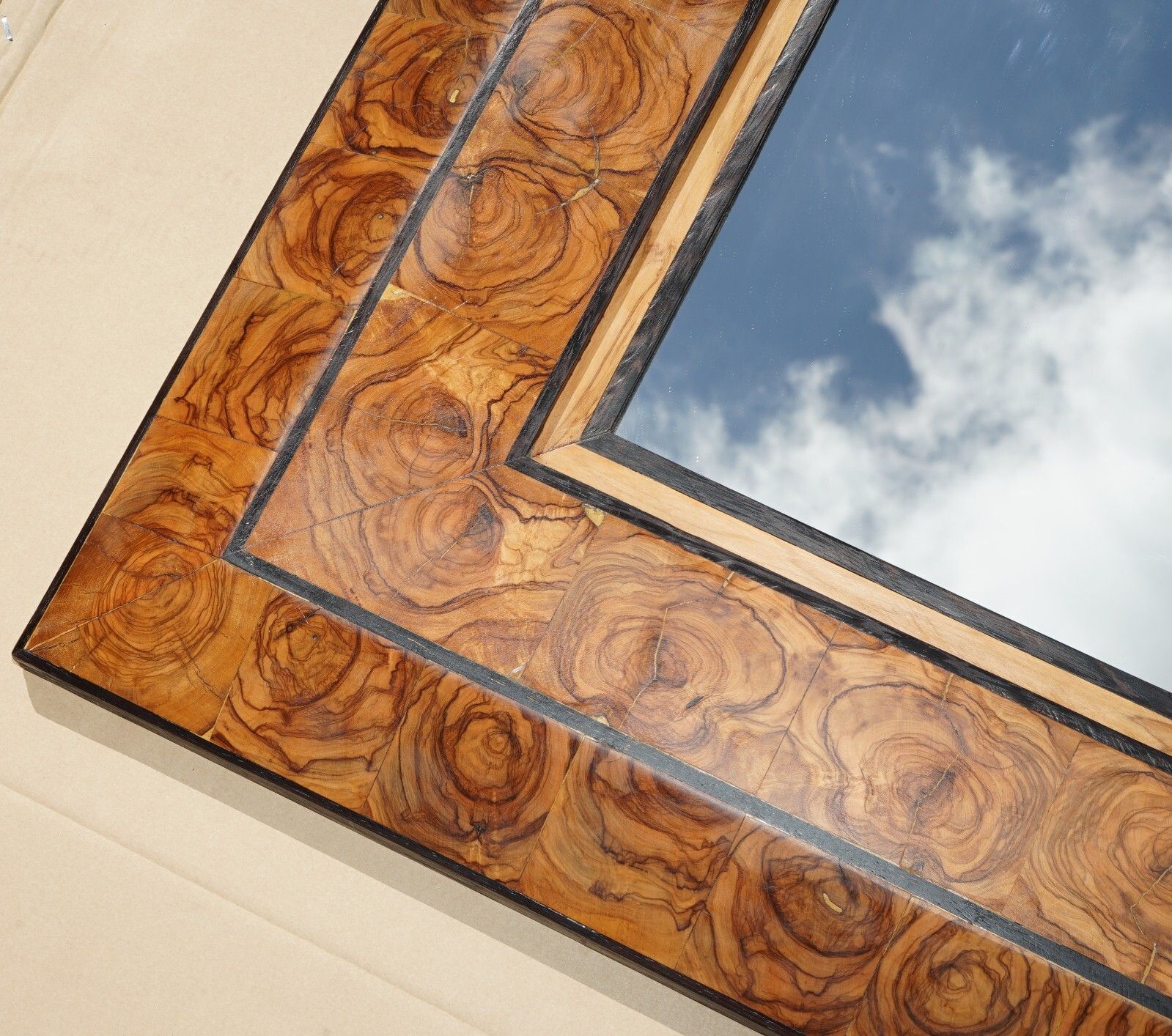 Large Exquisite Cushion Framed Oyster Laburnum Wood Wall Mirror Sublime Patina photo furniture