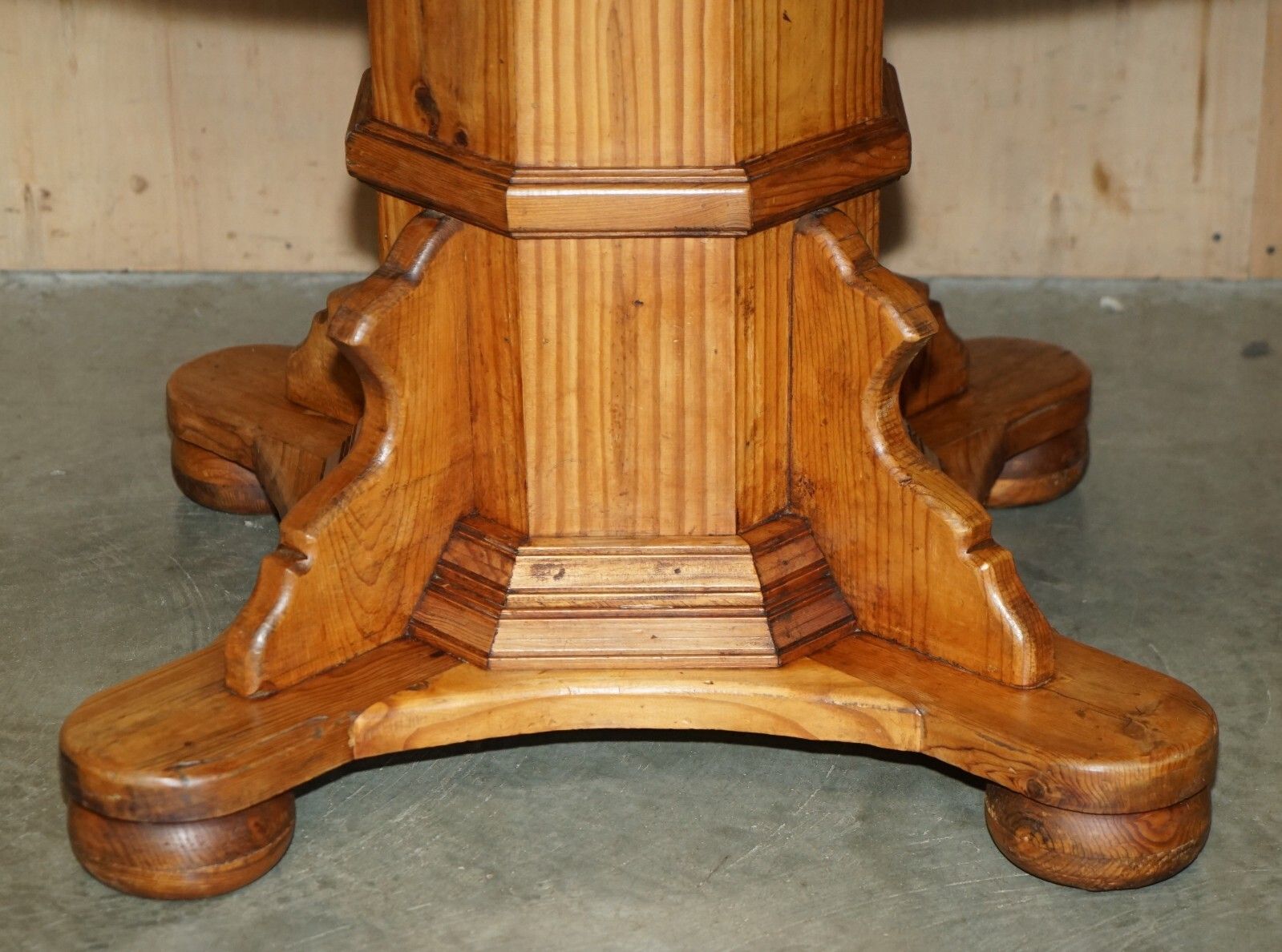 Stunning Round Circa 1940's Pitch Pine Dining Table With Thick Pedestal Base photo Furniture