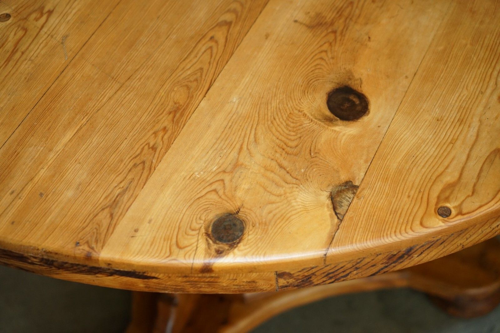 2350.0 Stunning Round Circa 1940's Pitch Pine Dining Table With Thick Pedestal Base photo