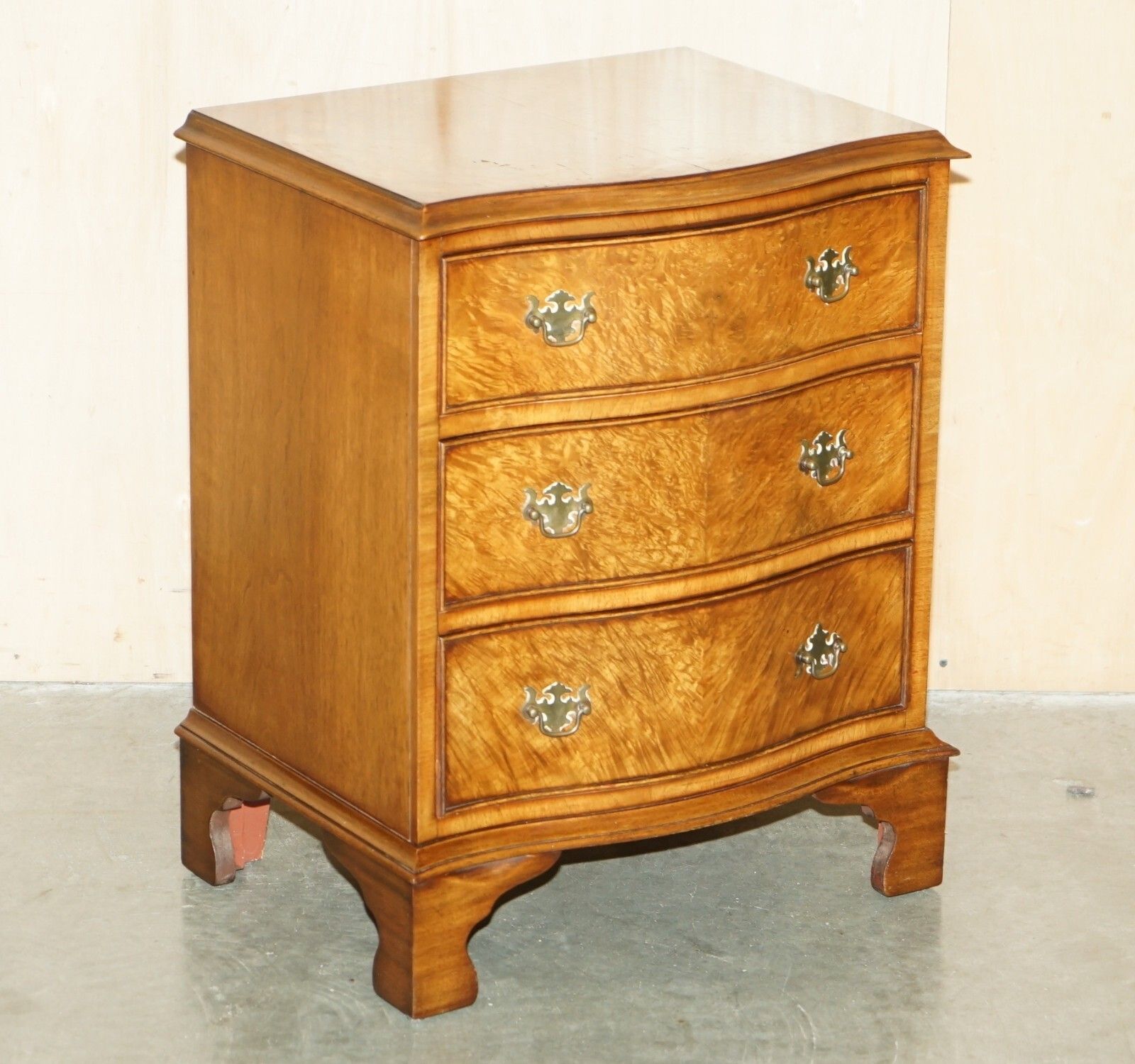 Vintage Burr Walnut Serpentine Fronted Nightstand Side Table Chest Of Drawers photo furniture