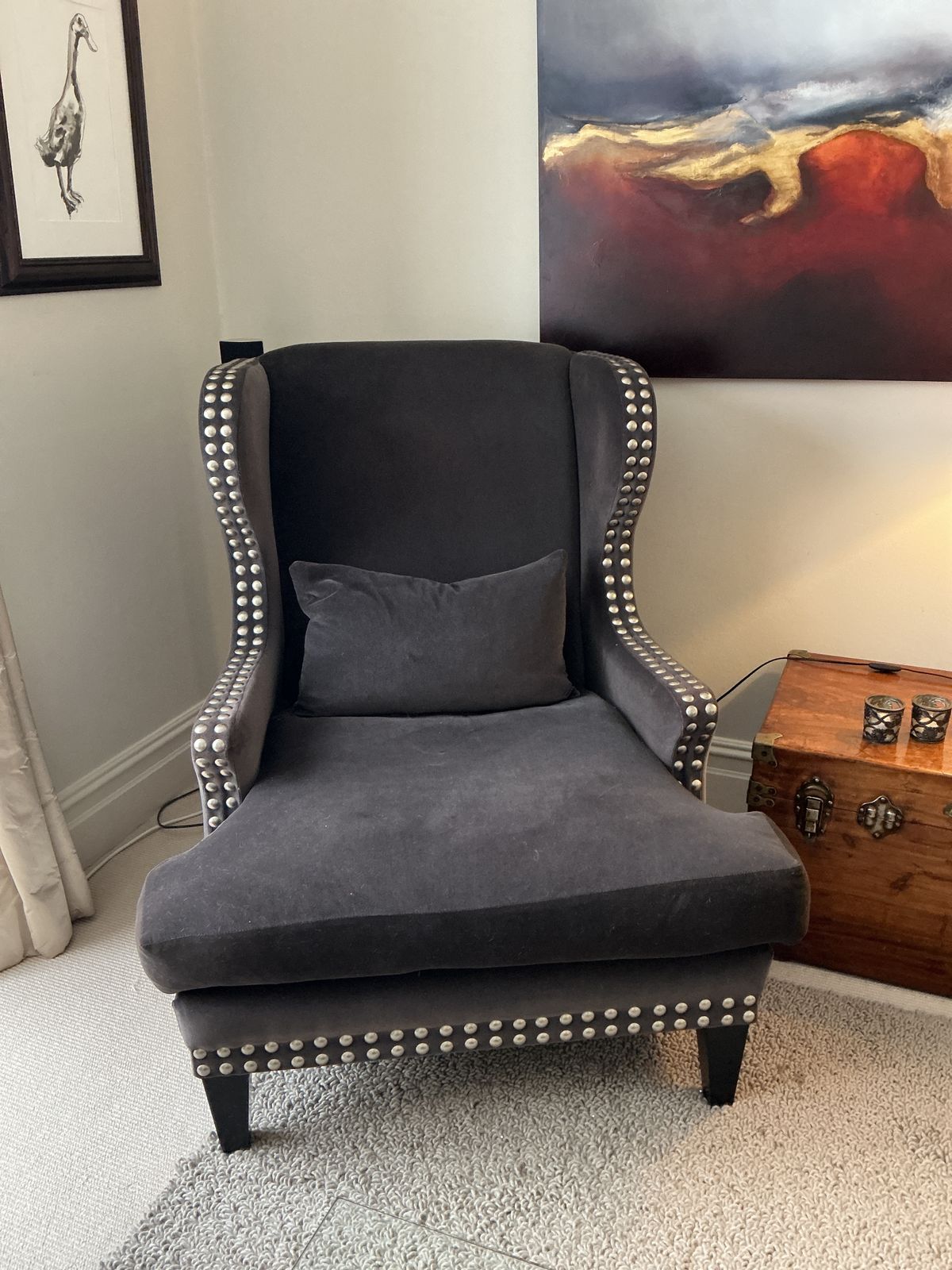 Andrew Martin Studded Wing Back Chair Upholstered In Andrew Martin Chocolate Brown Velvet photo Furniture