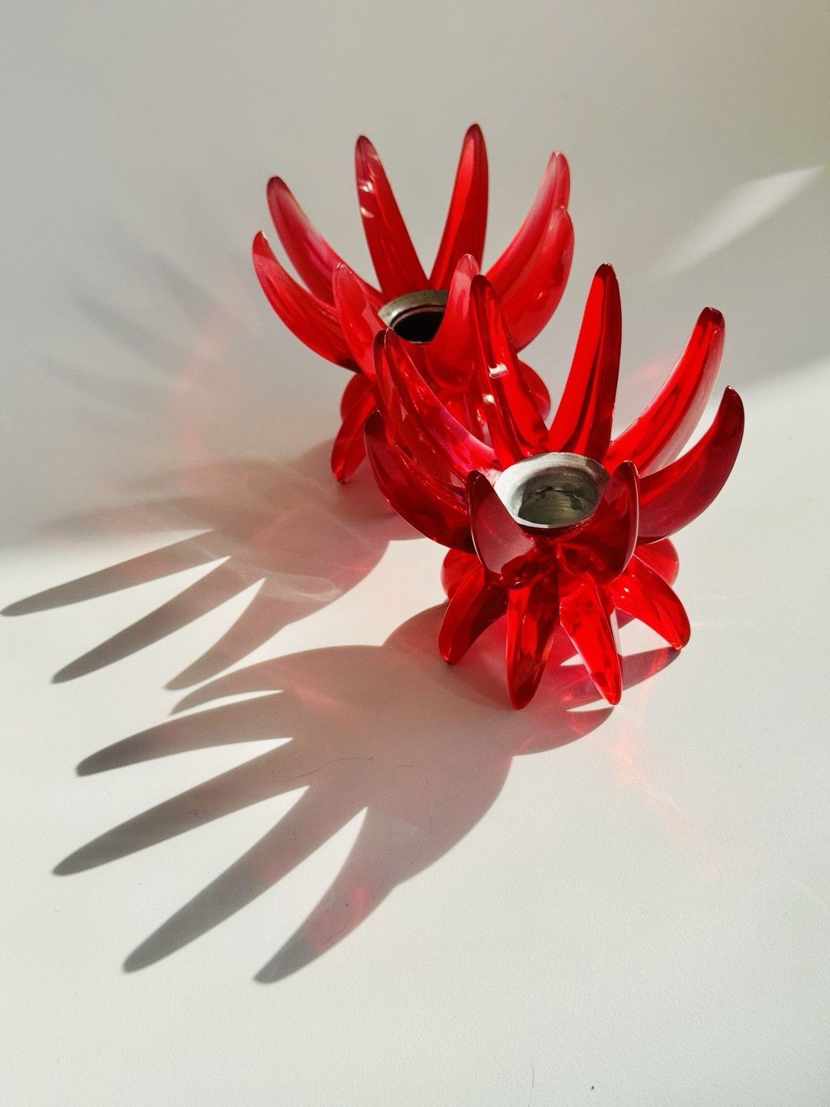 2 Red Lucite 1960’s Friedel Ges Gesch Lotus Candlesticks Germany Space Age photo buy