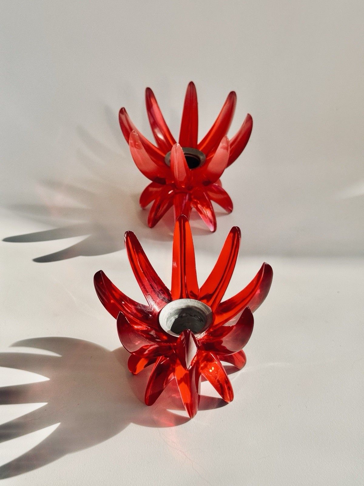 2 Red Lucite 1960’s Friedel Ges Gesch Lotus Candlesticks Germany Space Age photo vintage