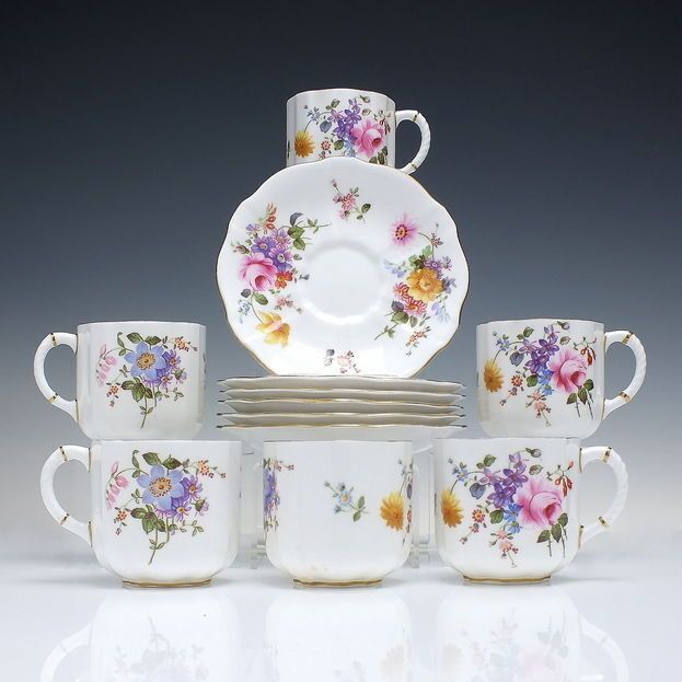 Set Of Six Vintage Royal Crown Derby Teacups And Matching Saucers In Original Box C1935