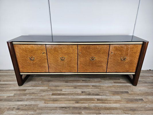 Art Deco Sideboard In Mahogany And Maple With Black Glass And Brass Finishes By Osvaldo Borsani For La Permanente Mobili Cantù, 1950