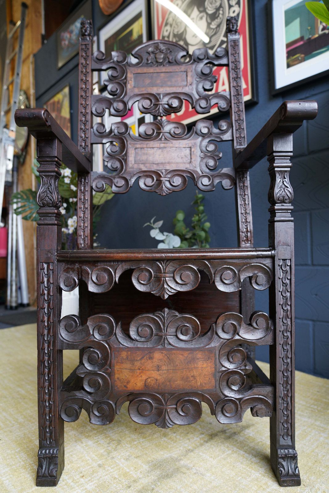 Italian Renaissance Revival Hall Chair Carved Wainscot Throne Ecclesiastical