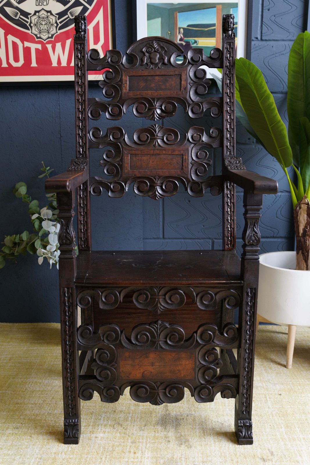 Italian Renaissance Revival Hall Chair Carved Wainscot Throne Ecclesiastical photo vinterior