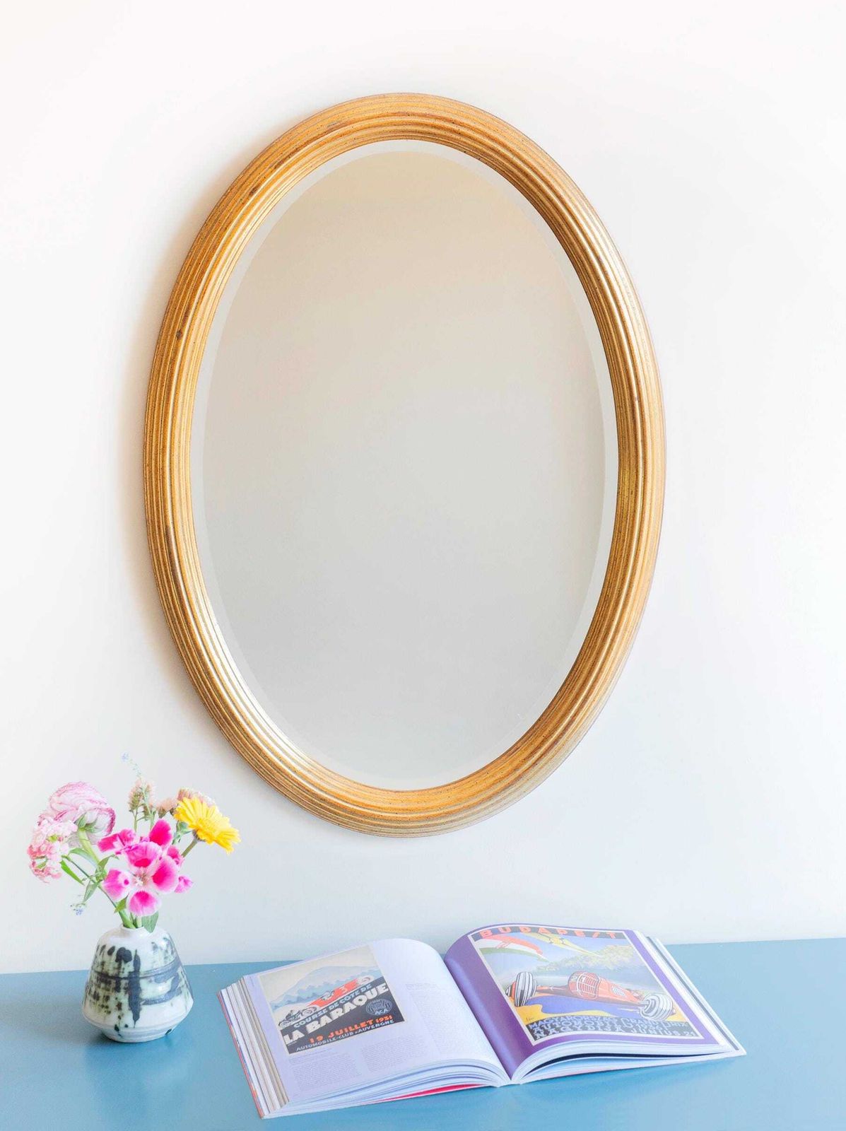Oval Golden Mirror, Large Belgian Mirror With Beveled Glass, Deknudt, Hollywood Regency, Mid Century Wall Mirror, Made In Belgium