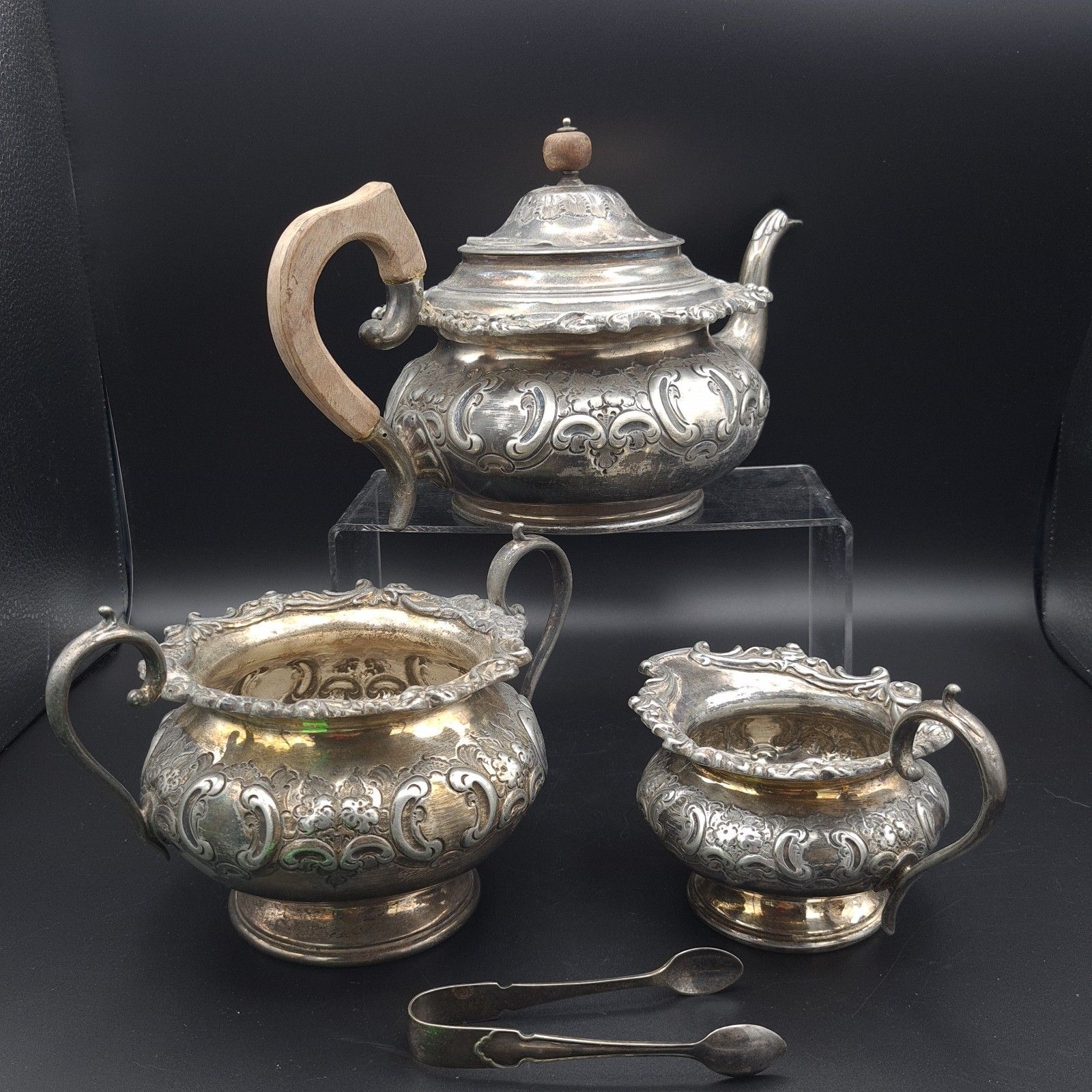 Jd & Sons Antique Tea Set Silverplate Victorian Teapot Sugar Bowl & Tongs Jug photo for sale