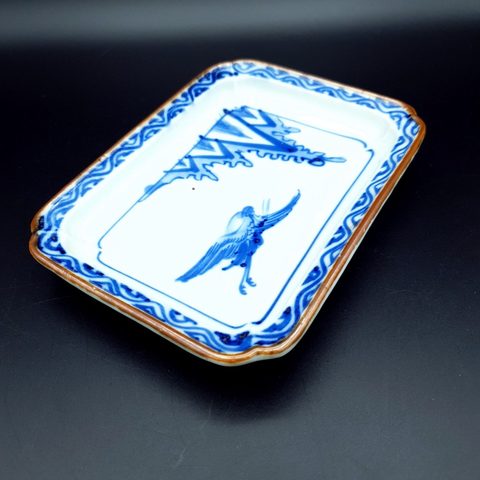 Japanese Shallow Dishes Imari Style Blue & White Handpainted Motif Crane L6.25" photo for sale