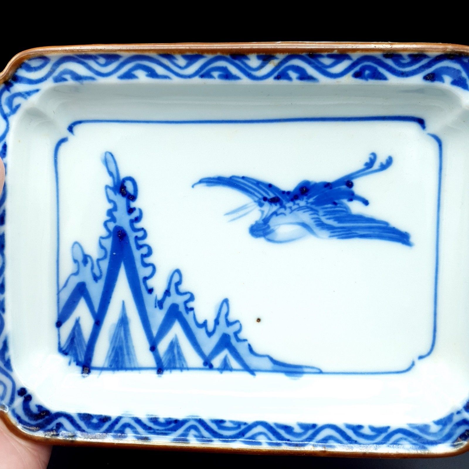Japanese Shallow Dishes Imari Style Blue & White Handpainted Motif Crane L6.25" photo 50.0