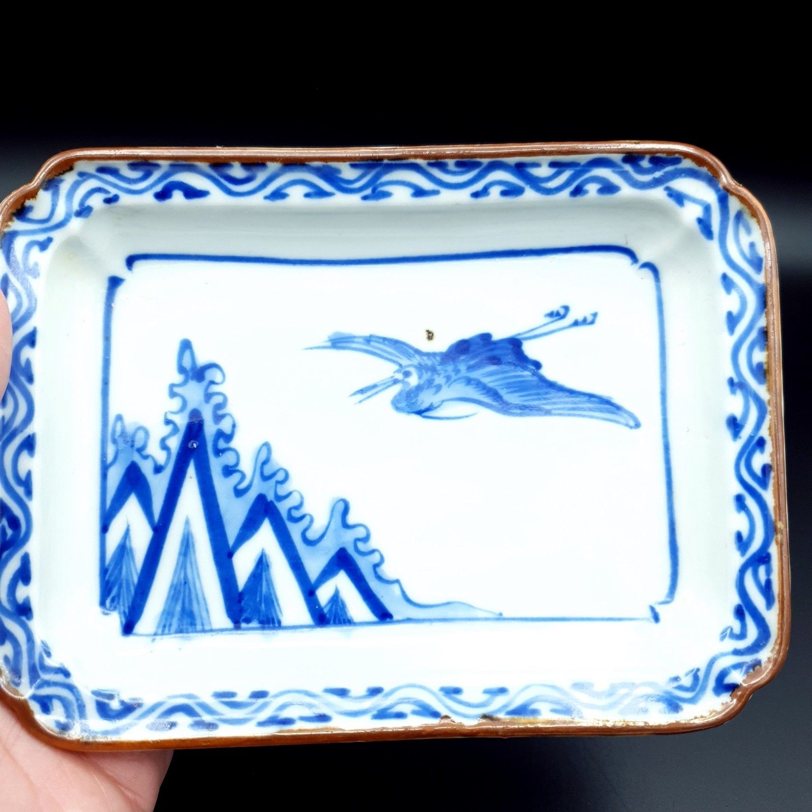 50.0 Japanese Shallow Dishes Imari Style Blue & White Handpainted Motif Crane L6.25" photo