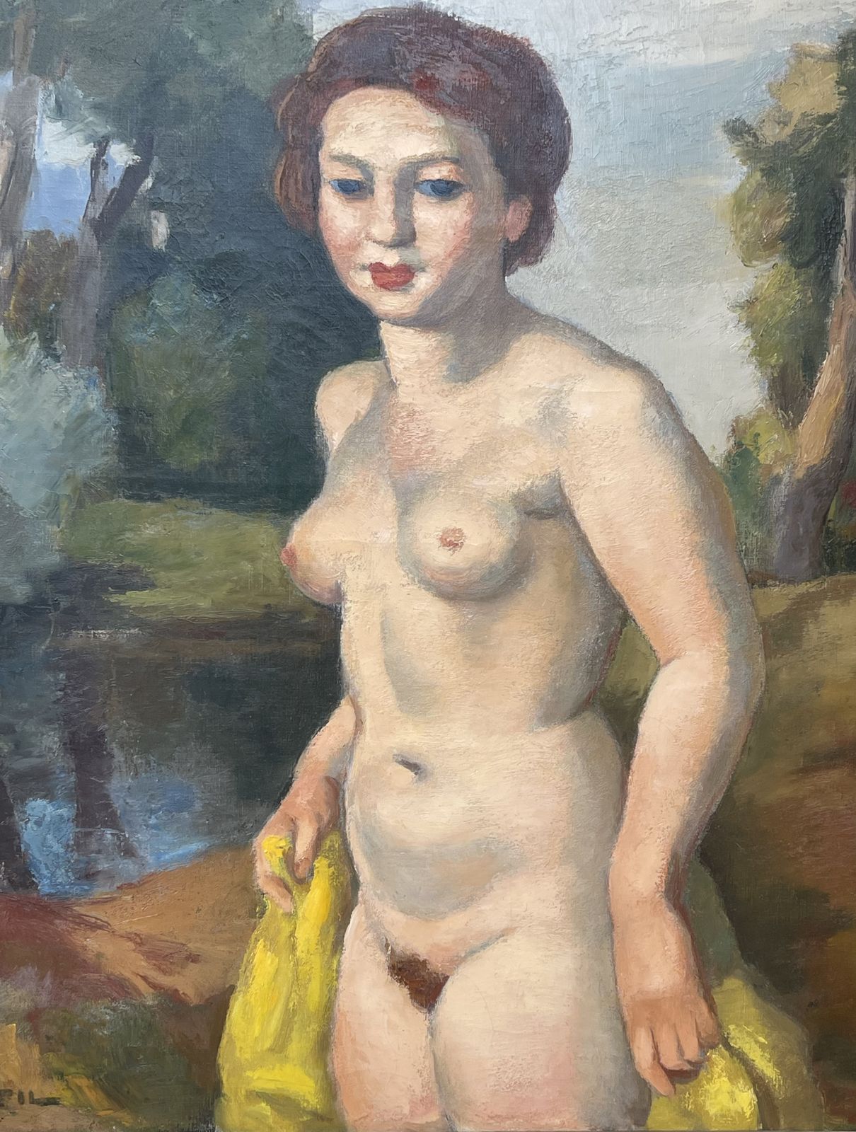 "Nude Woman Holding A Yellow Drape In A Landscape", Charles Kvapil (1884 1957) photo 8047.6