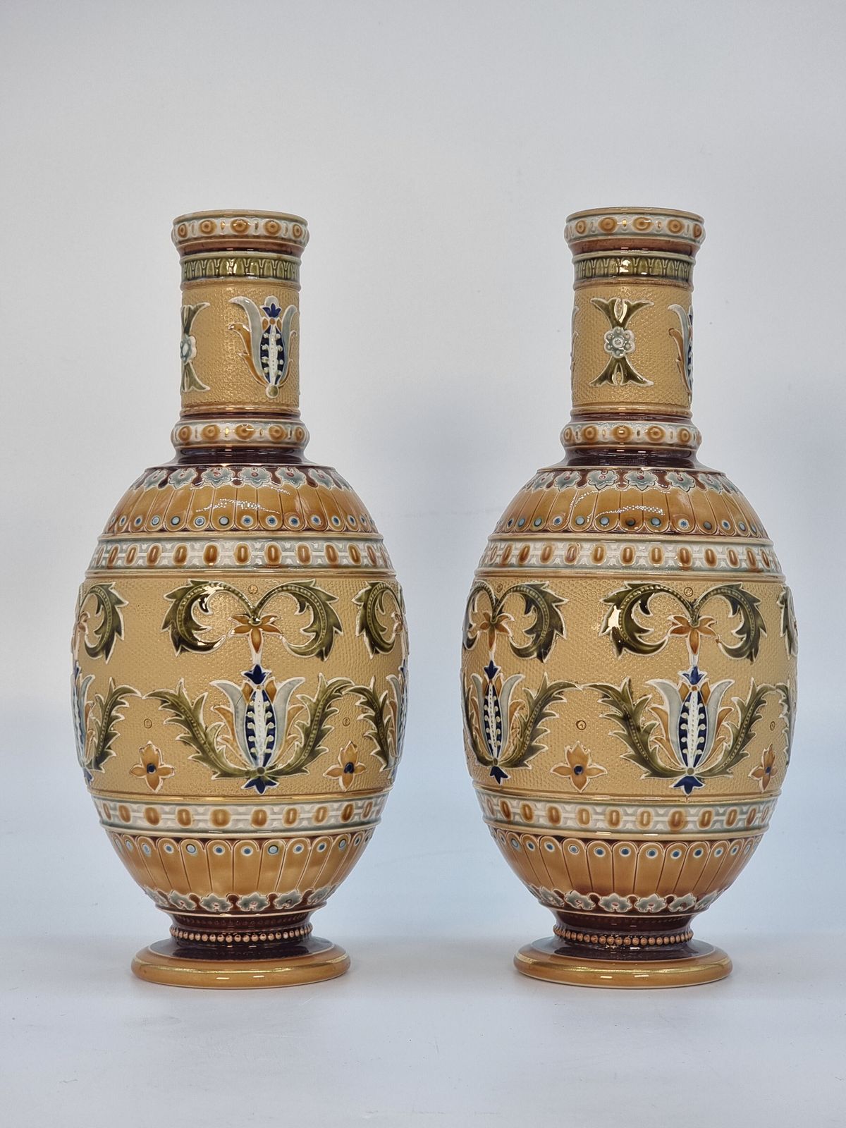 A Pair Of Late 19th Century German Pottery Vases, Made By The Mettlach Factory, Circa 1890 photo vintage