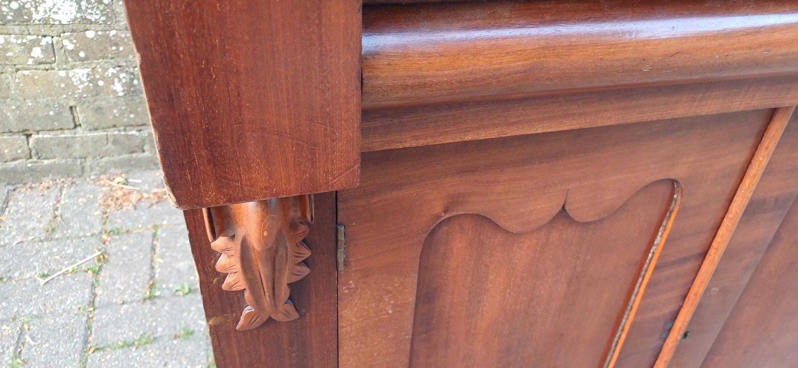Victorian Rococo Revival Mahogany Chiffoniere 19th Century Antique Sideboard With Carved Pediment & Gothic Panels photo furniture