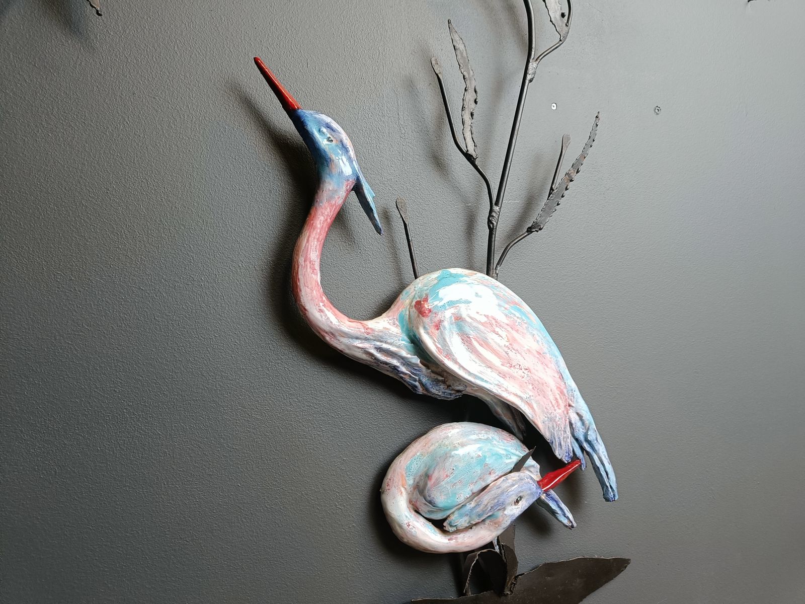 Large Ceramic Héron Or Crane Bird Wall Sculpture, 1970s photo vinterior