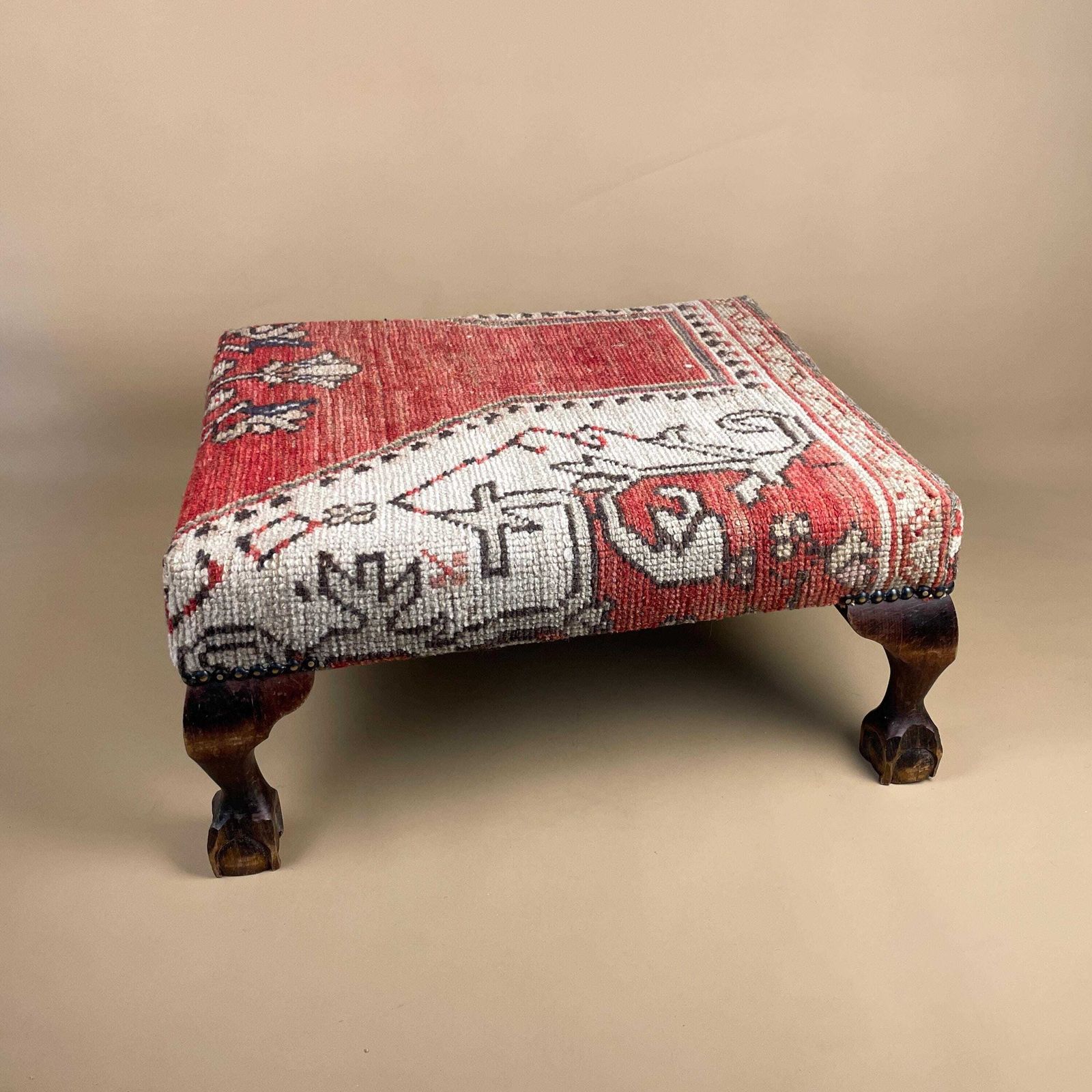 Antique Wooden Stool Upholstered Carpet Kilim Wood Cottage Furniture Rectangle Brown Hallway Farmhouse Seat 22x50x43cm Footstool Bench Red photo furniture