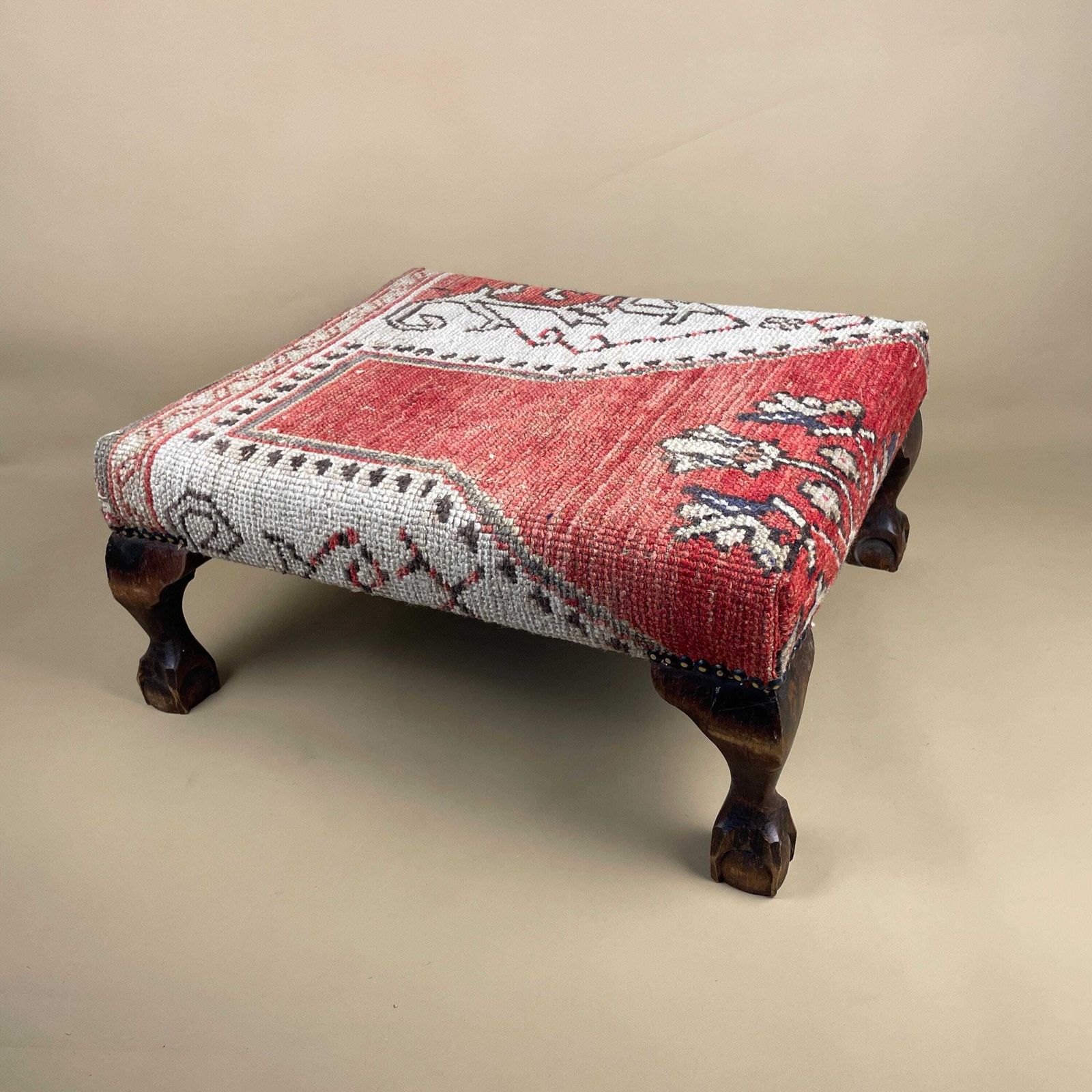 Antique Wooden Stool Upholstered Carpet Kilim Wood Cottage Furniture Rectangle Brown Hallway Farmhouse Seat 22x50x43cm Footstool Bench Red photo buy