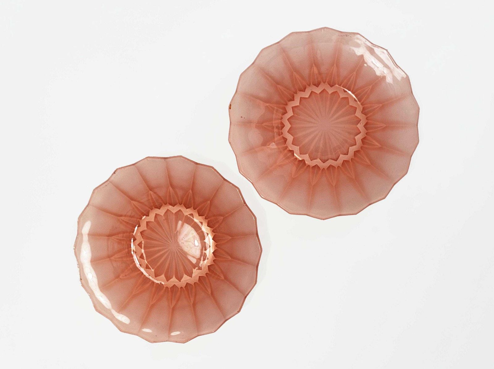 Pink Glass Art Deco Plates Pair Vintage Glassware Kitchenware Tableware 1930s Home Decor photo furniture