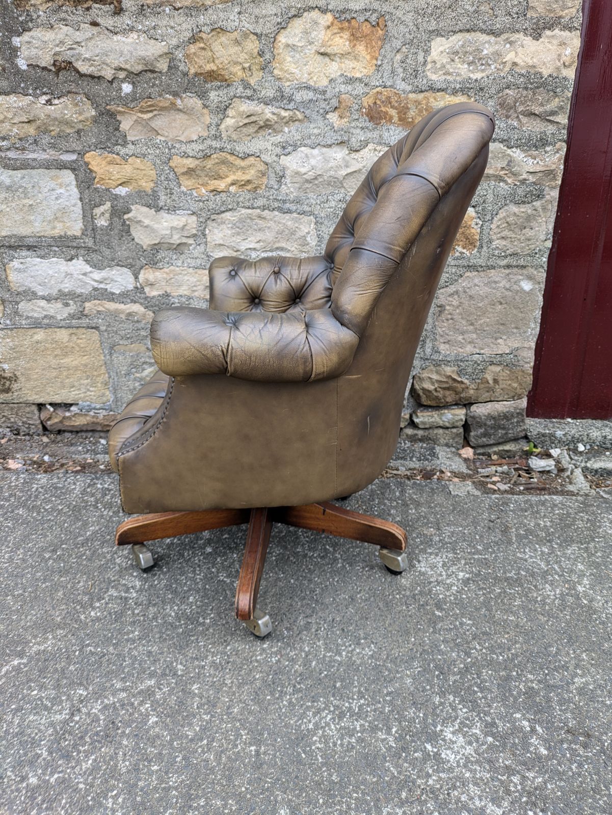 Vintage Tan Leather Chesterfield Style Swivel Directors Chair photo furniture
